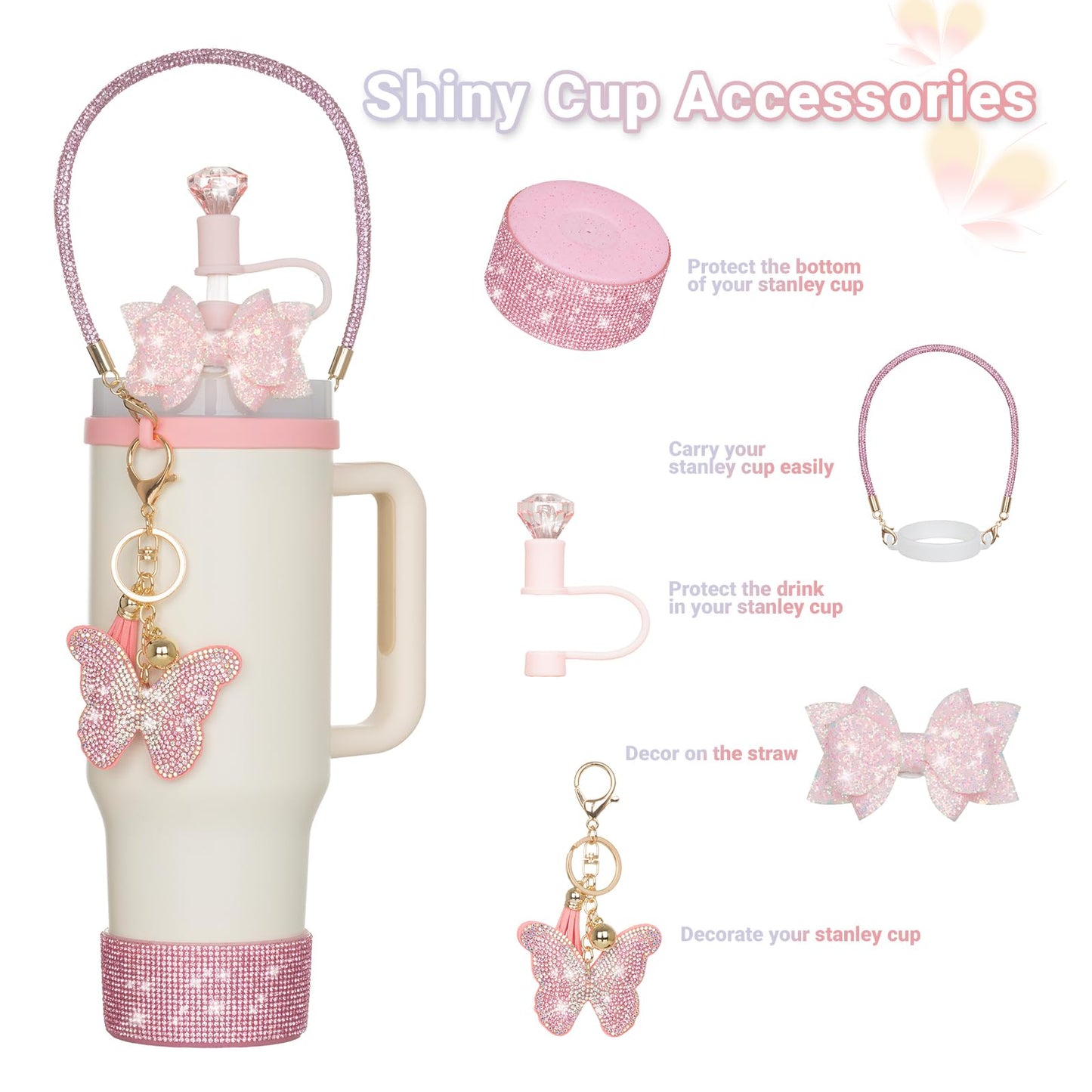 Rabrgab 6Pcs Gold Stanley Cup Accessories with Bling Handle Strap, Diamond Straw Topper Straw Cover Cap, Bling Bow, Diamond Boot, Bling Butterfly Charms for Water Bottle Tumbler 20oz 30oz 40oz