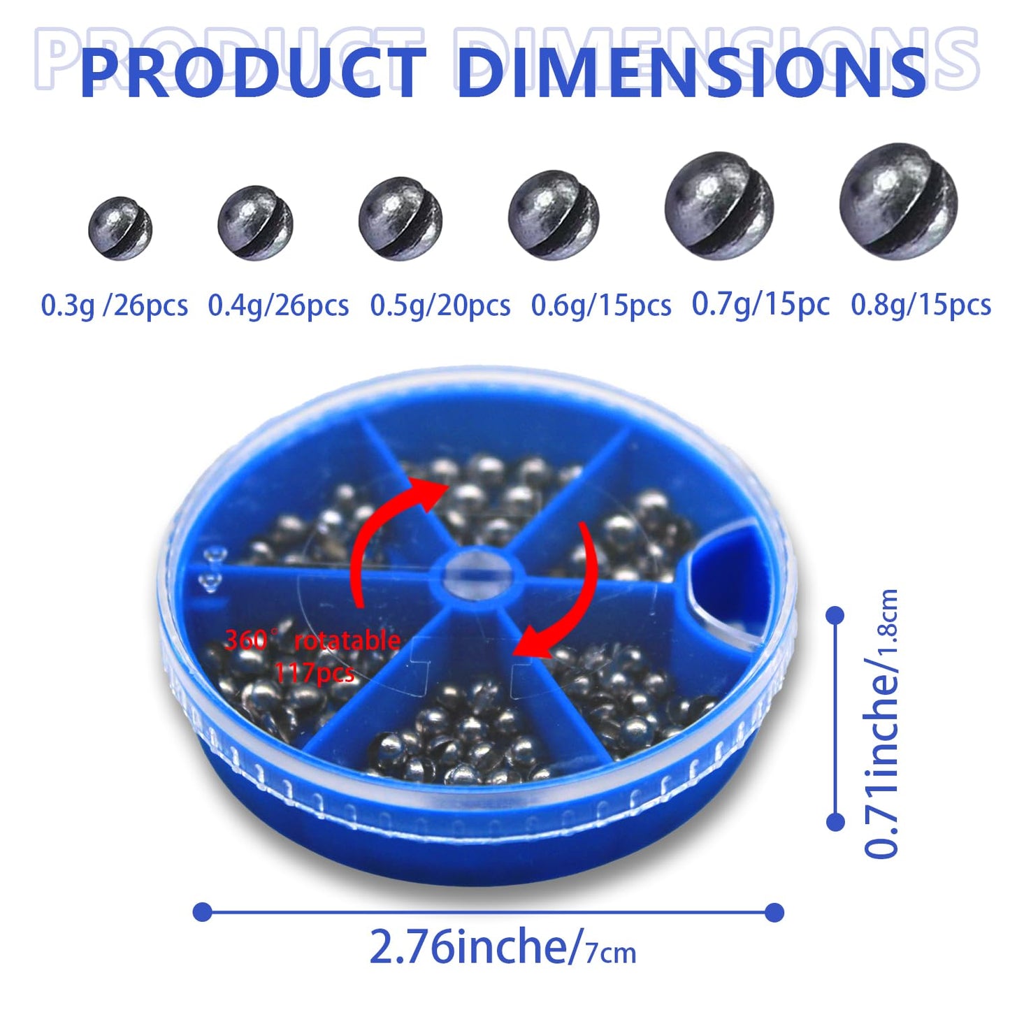 FishingPepo 117Pcs 6 Sizes Fishing Weights Sinkers 0.3/0.4/0.5/0.6/0.7/0.8g Round Fishing Line Sinker Removable Egg Lead Assortment