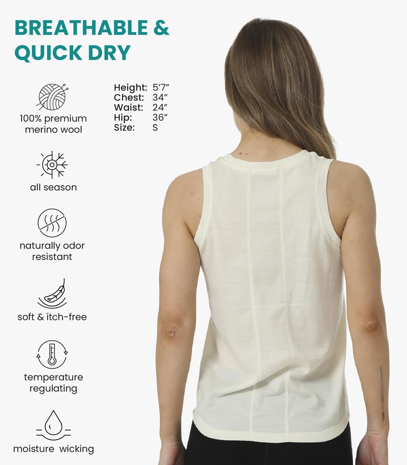 Merino Wool Tank Top Women - Active Merino Wool Undershirt Moisture Wicking Breathable Anti-Odor Lightweight Base Layer (Medium, Off White Highneck)