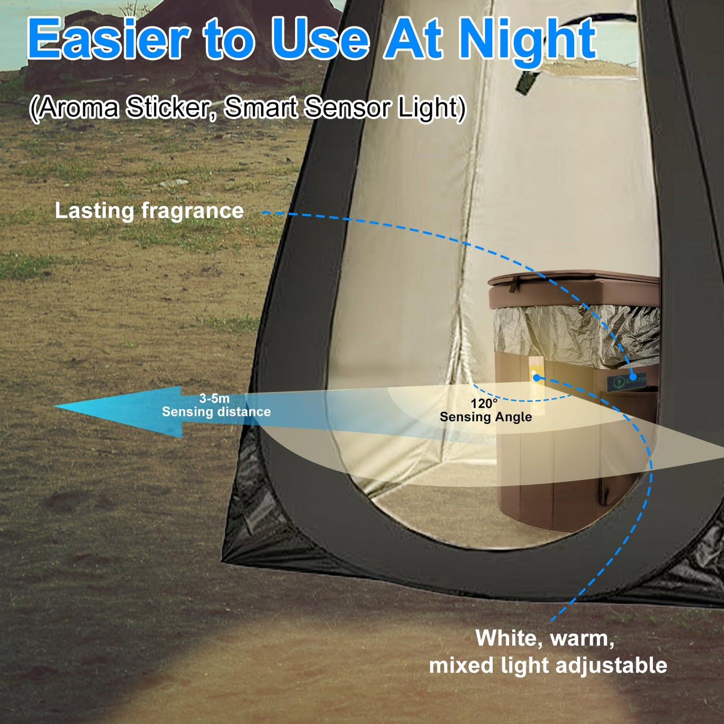 Brarvagur Upgrade XXL Portable Toilet Camping for Adults,17.5" Foldable Camping Toilet Portable, Portative Travel Toilet with Night Sensor Light,Aroma Patch,Handbag for Hiking, Car, Boat, Tent (Back)