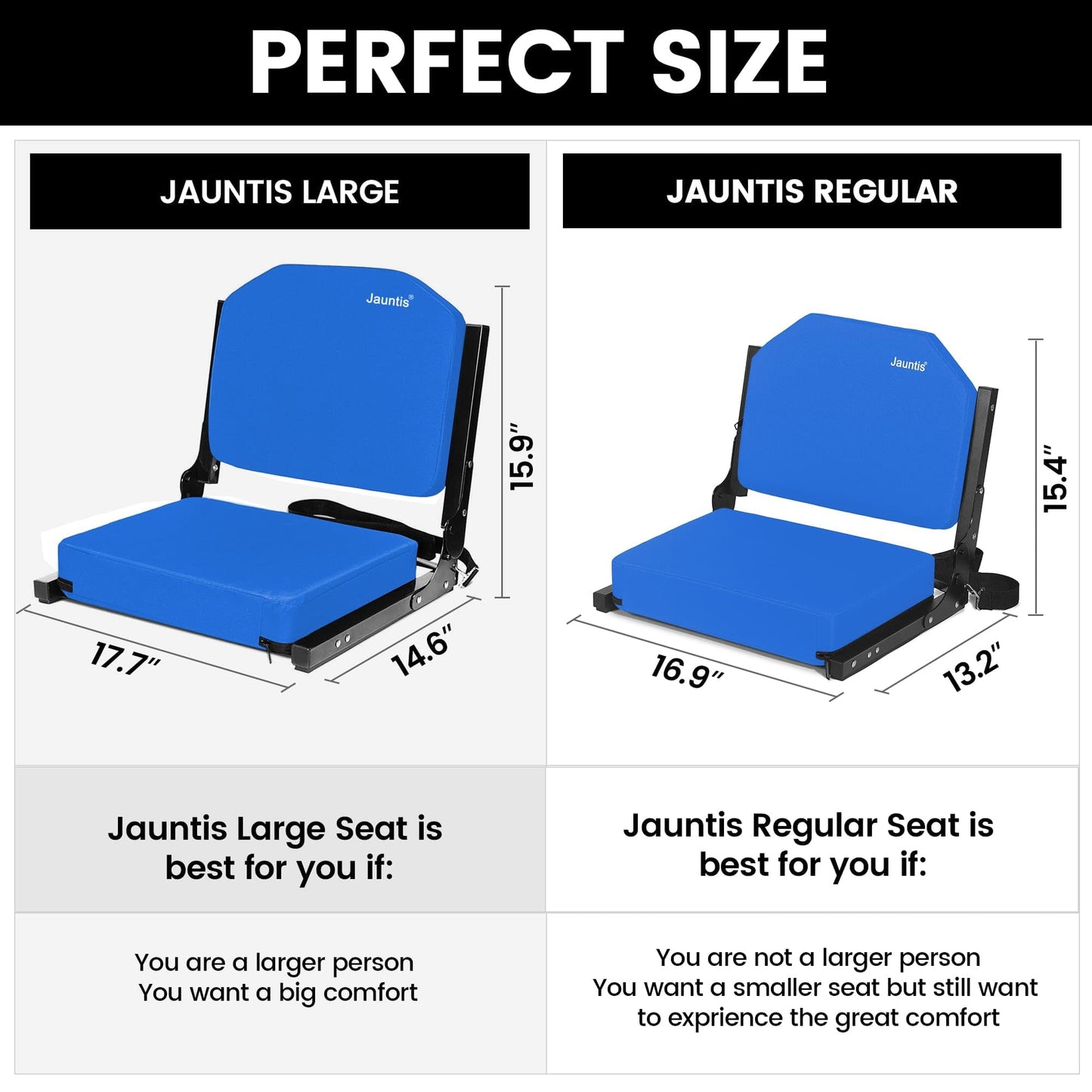 Jauntis Stadium Seats for Bleachers, Bleacher Seats with Ultra Padded Comfy Foam Backs and Cushion, Wide Portable Stadium Chairs with Back Support and Shoulder Strap, 1 Pack, Blue
