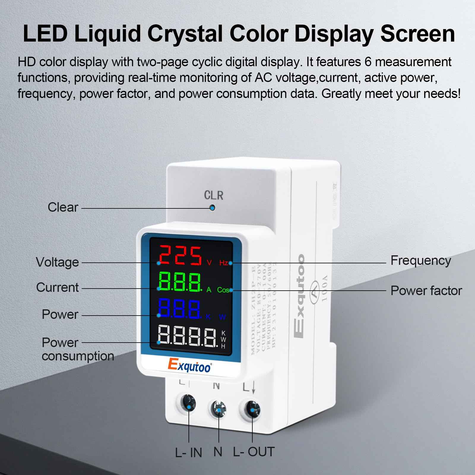 Exqutoo Multi-Function Energy Meter Color Digital Energy Meter - Measurement of AC Volts, Amps, Hertz, Watts, PF and Kilowatt-Hours - GT2P-E, AC 80~270V, 0~100A, 0~25KW, 50/60Hz, Rail-Mounted Meter