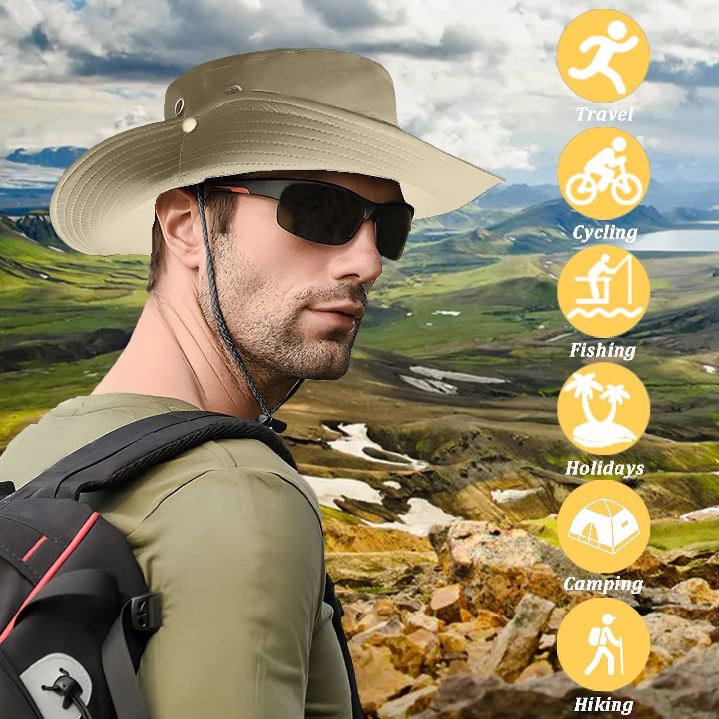 Favuit Sun Hats for Men Women, Fishing Hat UV Protection Wide Brim Bucket Hats Breathable Foldable Boonie Hat for Outdoor Hiking Camping Safari Travel Beach Sports (Beige)