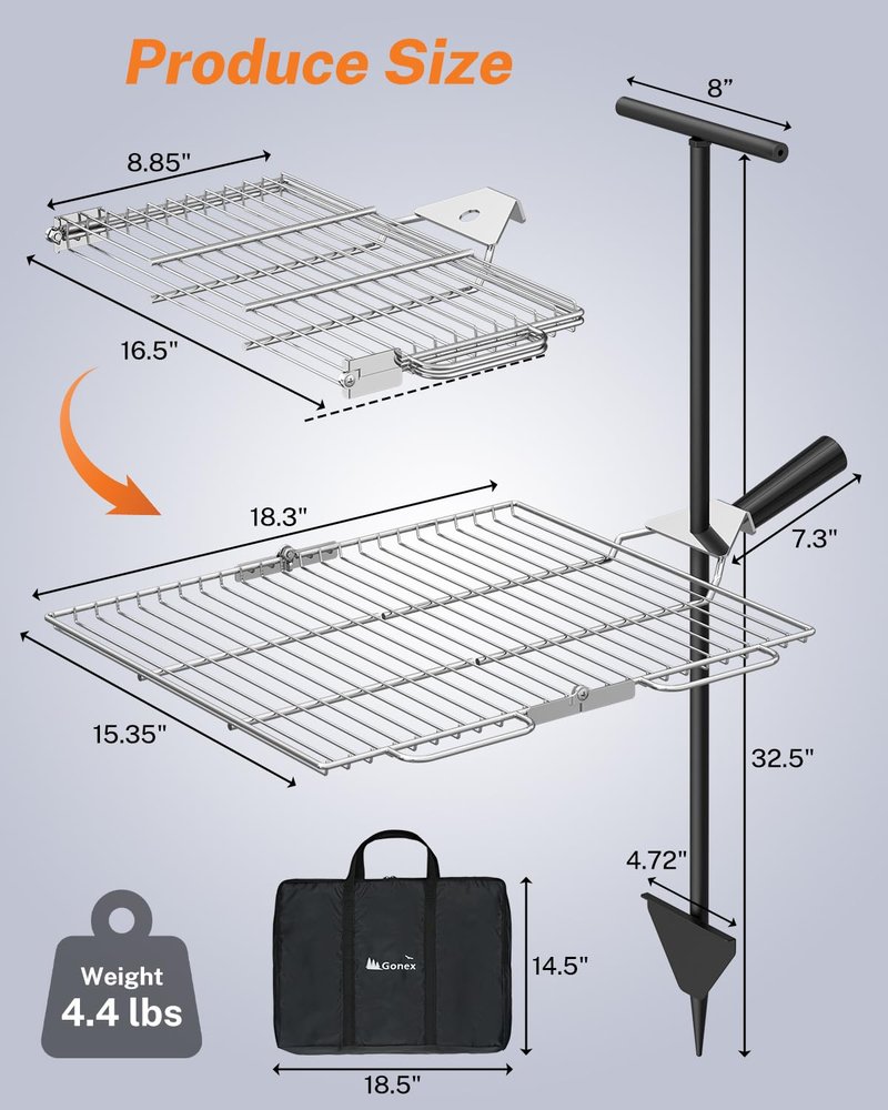 Gonex Portable Campfire Grill Grate for Fire Pit Foldable Stainless Steel Grill Height Adjustable Camping Cooking Equipment for RV Outdoor Backyard BBQ Courtyard 15.35"x18.3"
