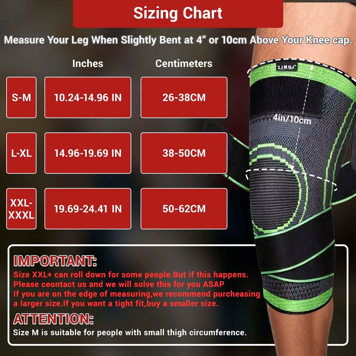 ZJMQJ Knee Brace with Straps for Women/Men, Knee Compression Sleeve for Knee Pain, Arthritis, ACL, PCL, Meniscus Tear, Joint Pain Relief. Knee Support for Running, Workout, 1 pcs (Green, L/XL)