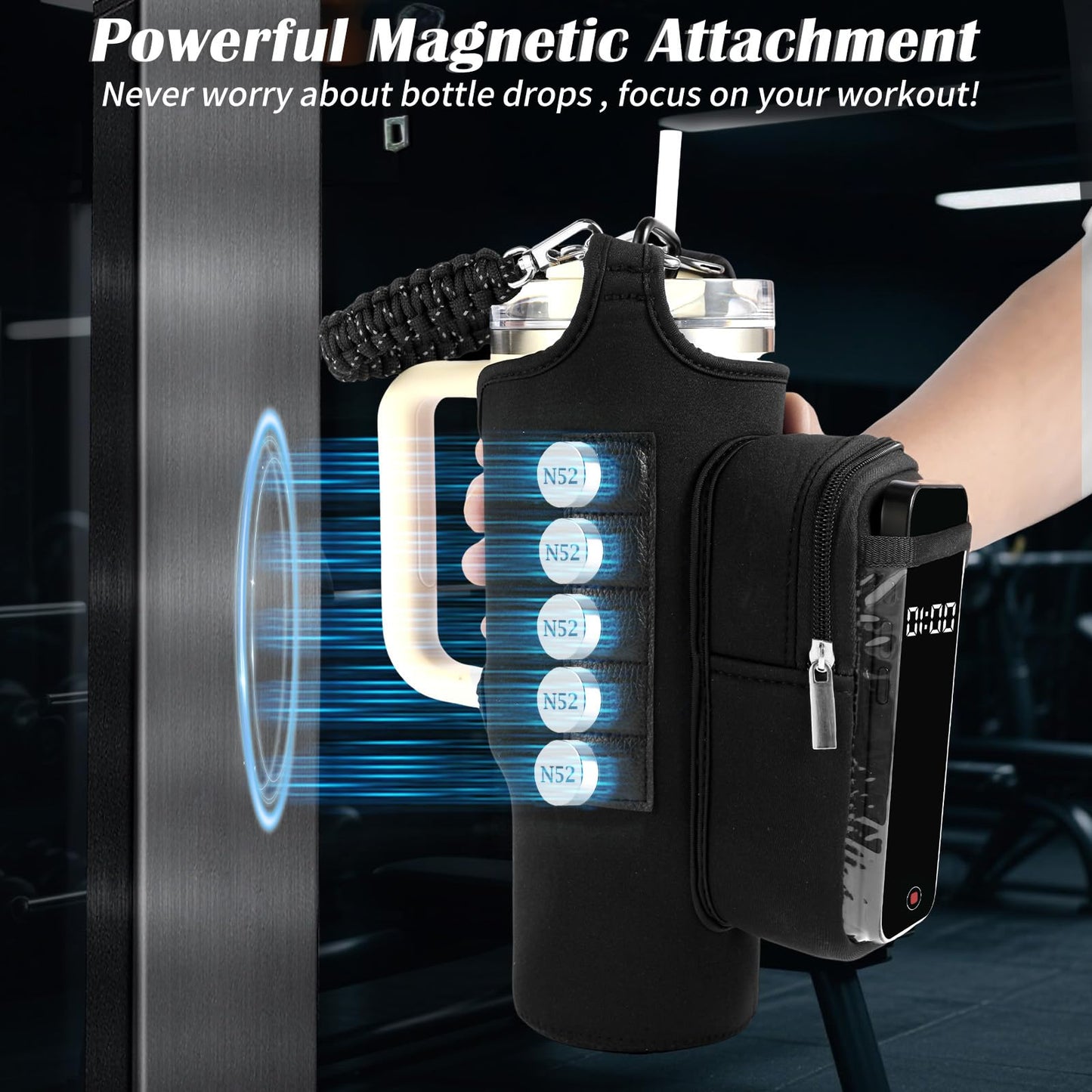 Magnetic Gym Bag for Men, Water Bottle Carrier Holder with Strap, Phone Pockets for Stanley Cup 40 oz Tumbler, Small Bag Gym Accessories for Women with N52 Super Magnet(Black)