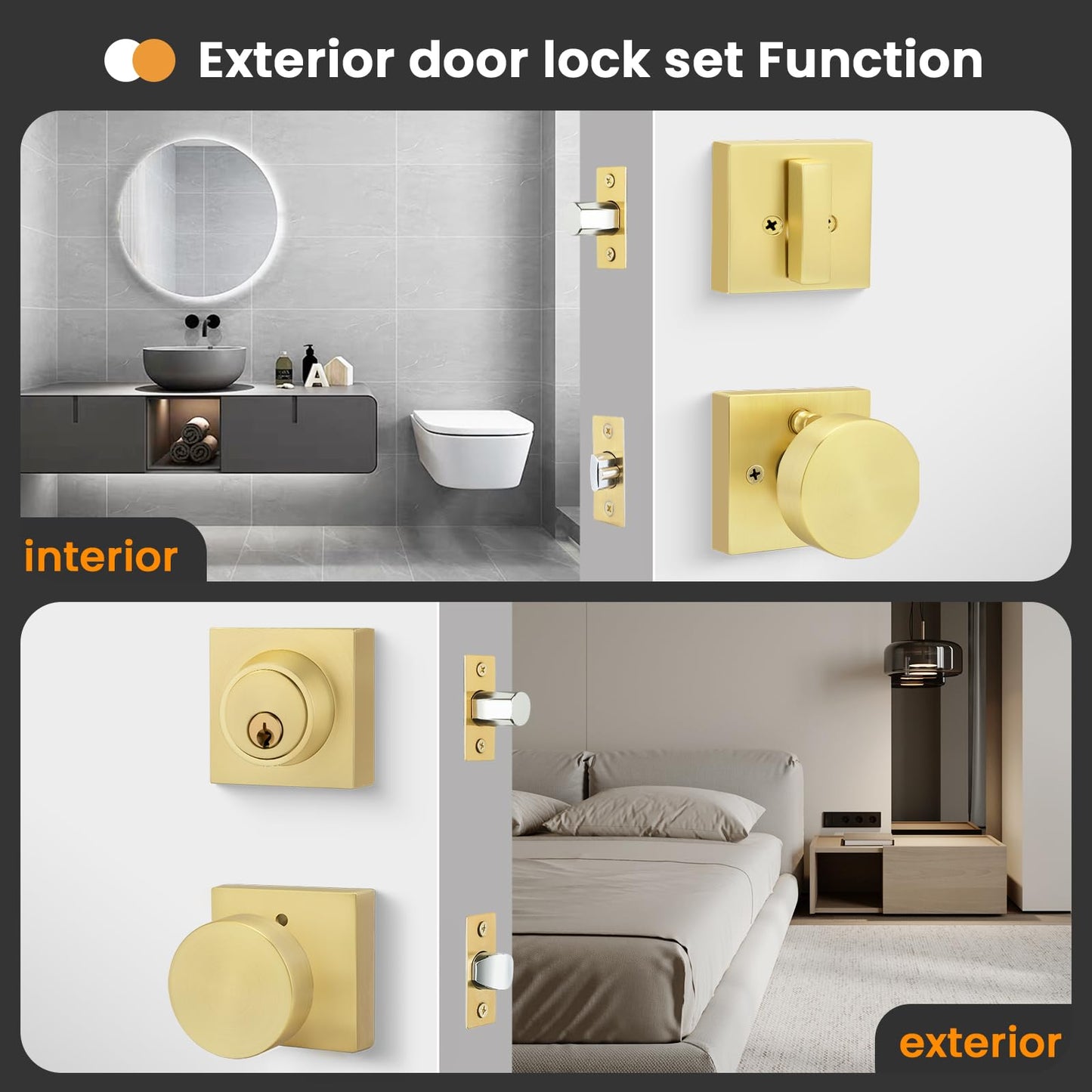 goldenwarm Gold Door Knobs with Deadbolt, Zinc Alloy Brushed Gold Exterior Door Knobs Lock Set with Deadbolt, Heavy Duty Door Locks for Front Door - Modern & Stylish(2 Pack)