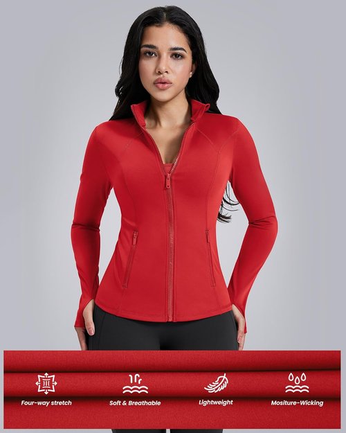 AVGO Women's Lightweight Athletic Zip-Up Jacket - Slim Fit Running Gym Top with Pockets & Thumb Holes