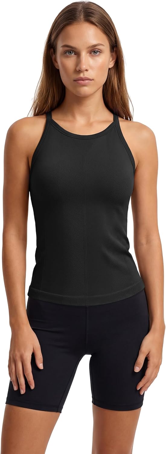 ATTRACO Women's Workout Tank Top - Built-In Bra, Seamless Ribbed Design | Athletic Camisole, Crew Neck