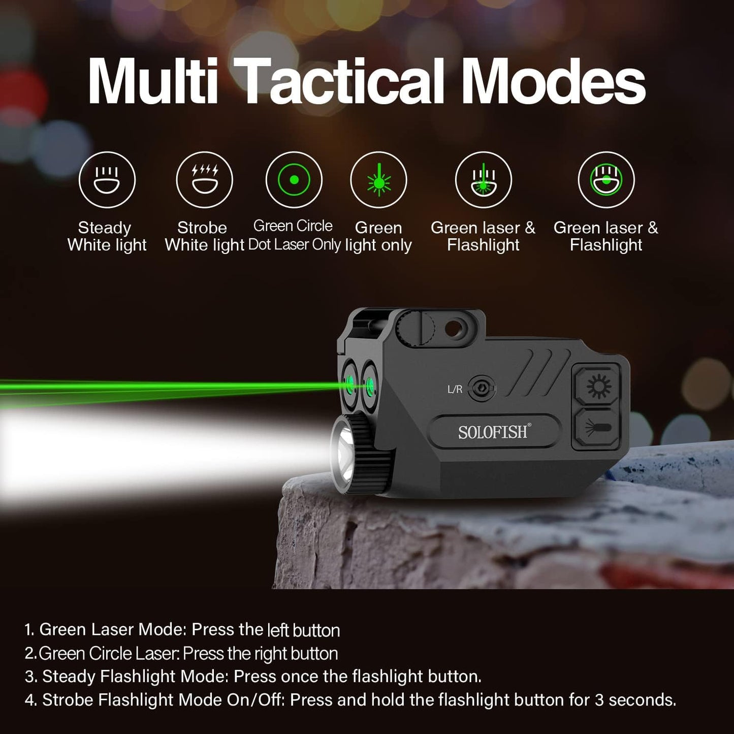 SOLOFISH Pistol Light - 500lm Rechargeable Aluminum Weapon Light with Purple/IR/Green Beam Combo