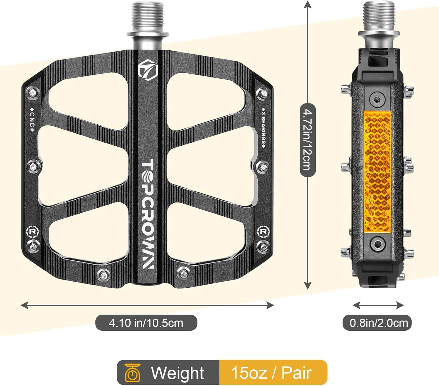 Topcrown Mountain Bike Pedals - Aluminum Flat Pedals with Reflectors & Non-Slip Design | 9/16" Size, 3 Sealed Bearings
