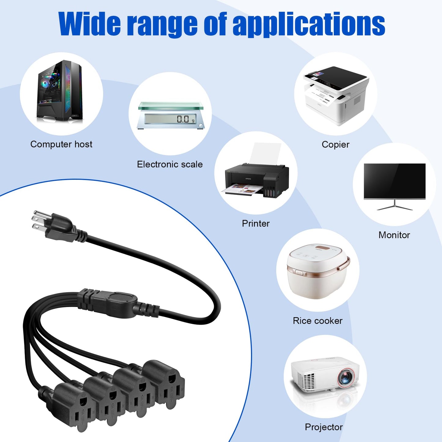 VSEER 4 Outlet Power Cord, NEMA 5-15P to 5-15R 3 Prong 1 to 4 Y Splitter US AC Male and Female Power Cable SJT 16AWG Outlet Saver, 4 Way Extension Cord Splitter Black, 20 Inch (1 Pack)