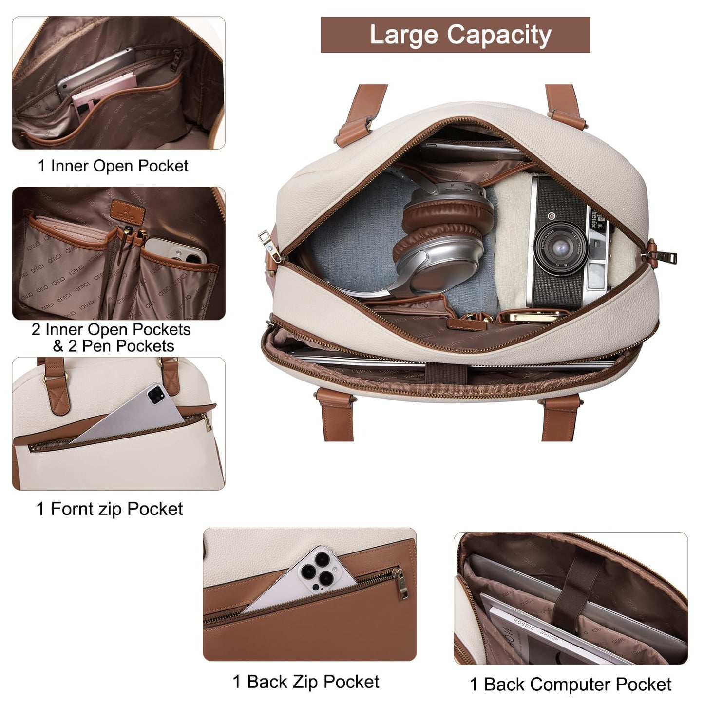 CLUCI Weekender Bag for Women Leather Large Overnight Travel Duffel Bag with Shoe Compartment Beige with Brown