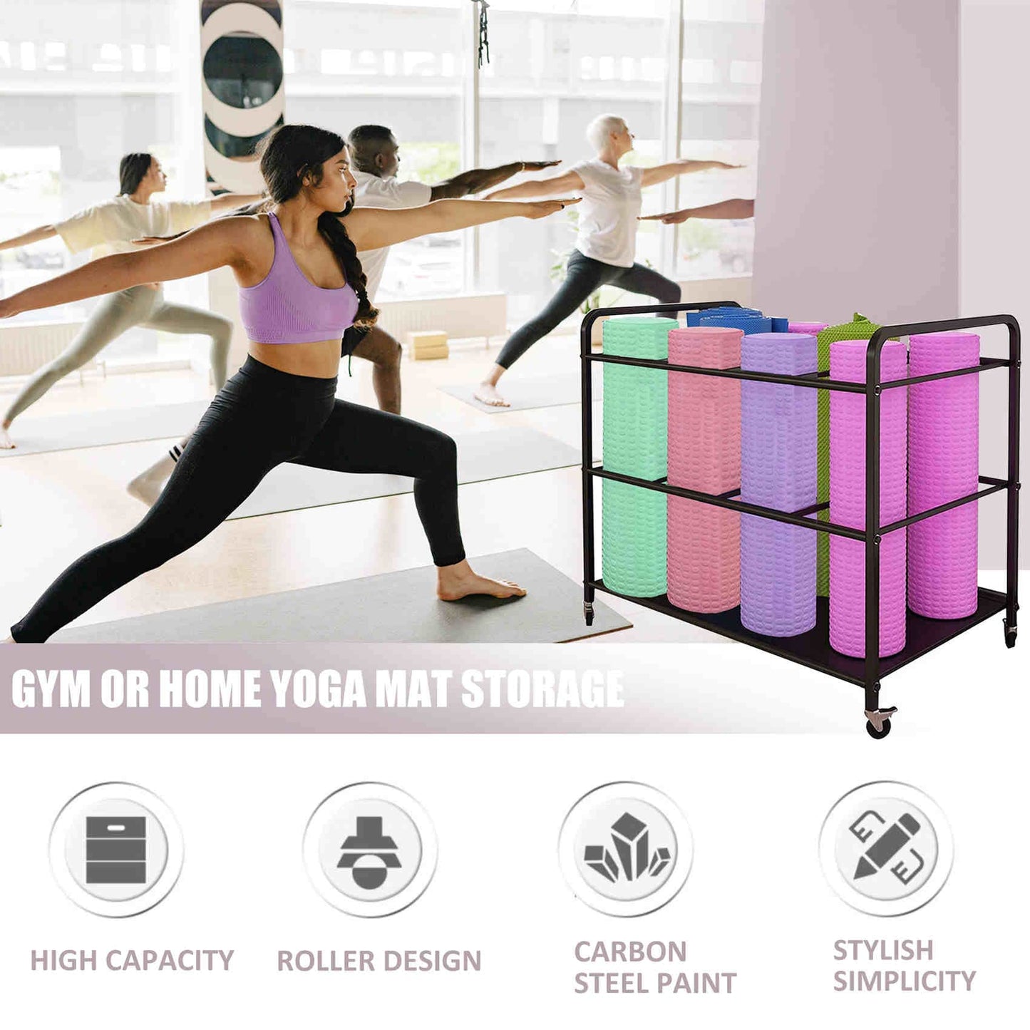 Yoga Mat Storage Rack Basket Workout Equipment Home Gym Storage Rack with Wheels Black Yoga Mat Holder Exercise & Fitness Organizer for Dumbbell Kettlebells Resistance Bands Yoga Blocks