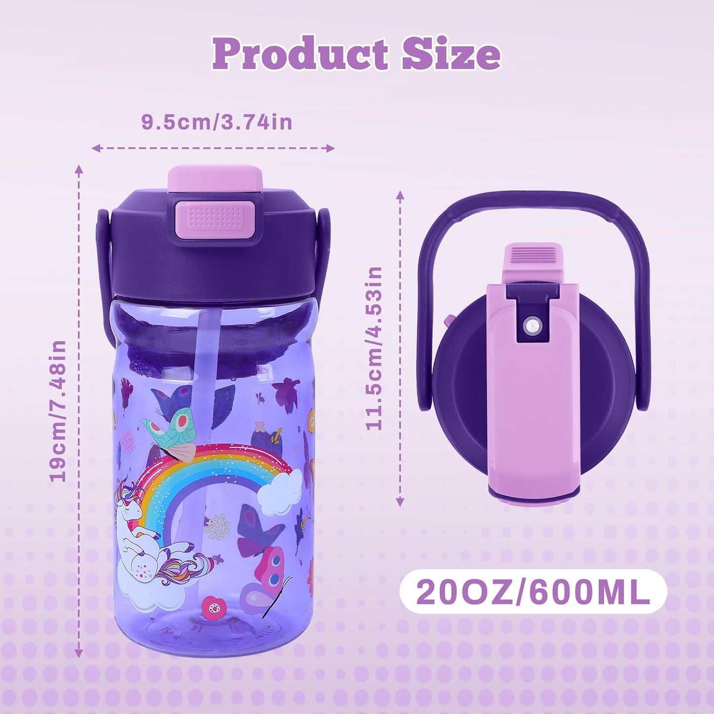 Skiennix 20oz Kids Water Bottle - Leak-Proof Design with Straw & Pop-Up Spout | Unicorn Theme