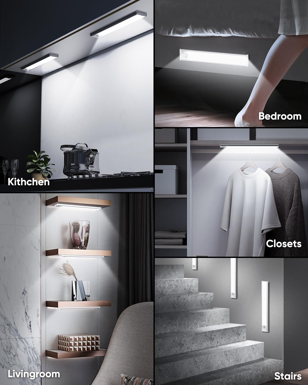 Under Cabinet Lighting, 10 Inch LED Battery Operated Rechargeable Motion Sensor Lights Indoor, 2200mAh Magnetic Wireless Closet Light, 6500K Dimmable Under Counter Lights for Kitchen, Stair, 3 Packs