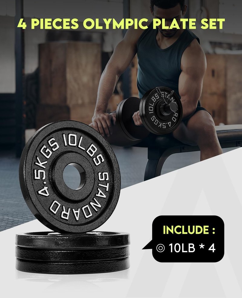 Cast Iron 2-Inch Olympic Weight Plates Set for Strength Training, Barbell Free Weight Plate Set for Weightlifting in Home Gym, Multiple Sizes From 2.5LB to 40LB (Set: 40 lbs (4x 10 LB))