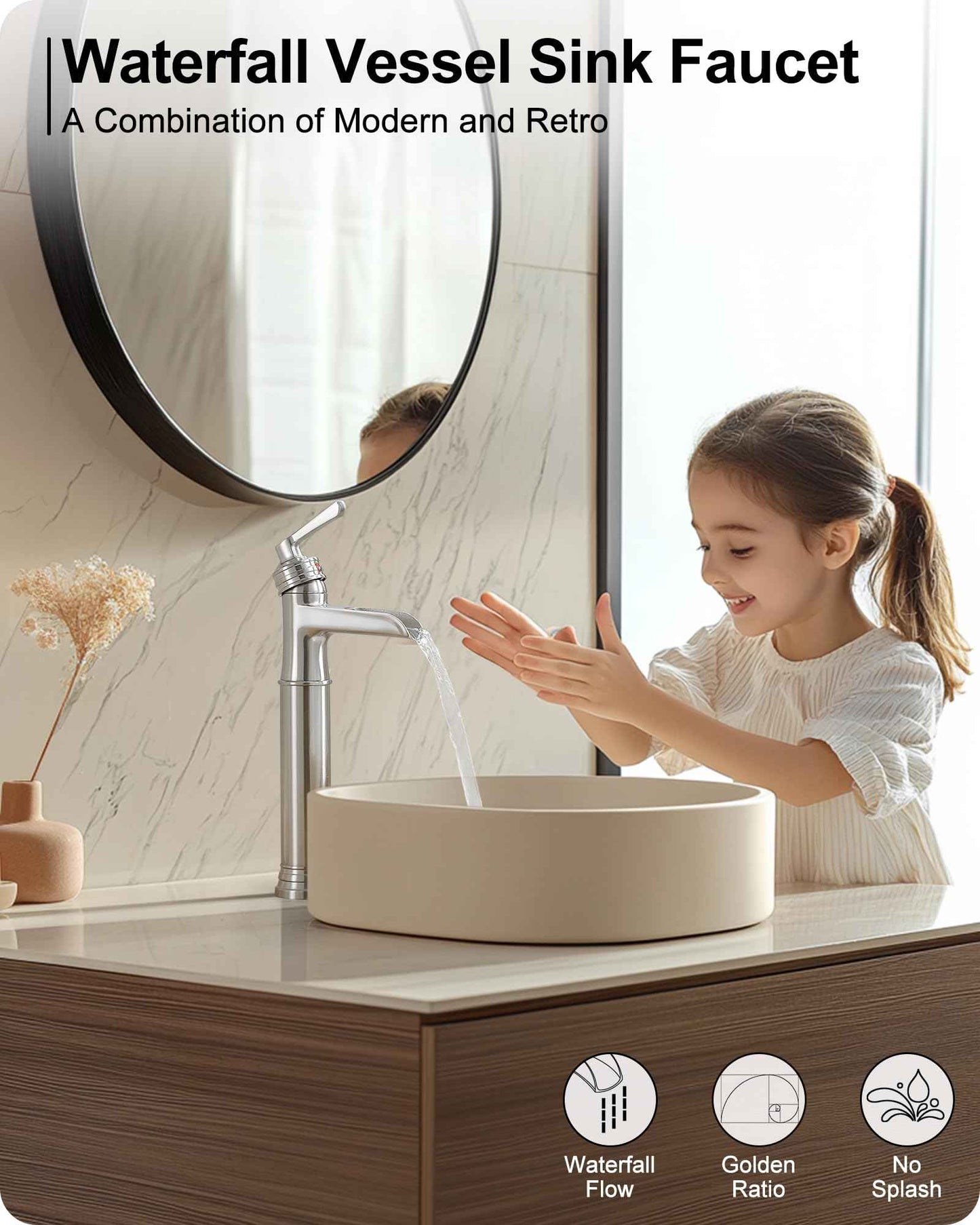 HEYMYTAP Brass Vessel Sink Faucet Brushed Nickel Waterfall Bathroom Faucet Tall 1 Hole, Single Handle with Pop-up Drain & Water Hoses for Bathroom Vanity Vessel Sink