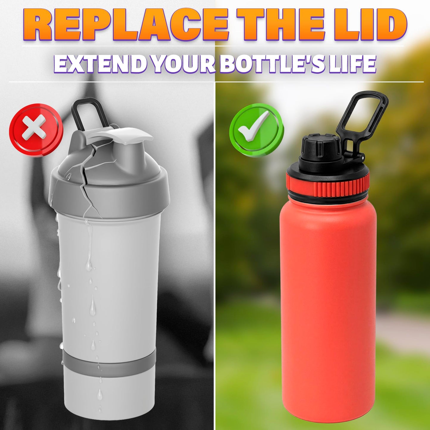 Oskal Water Bottle Lid Replacement, 3 Pcs, for 12–64 oz Bottles, Wide Mouth