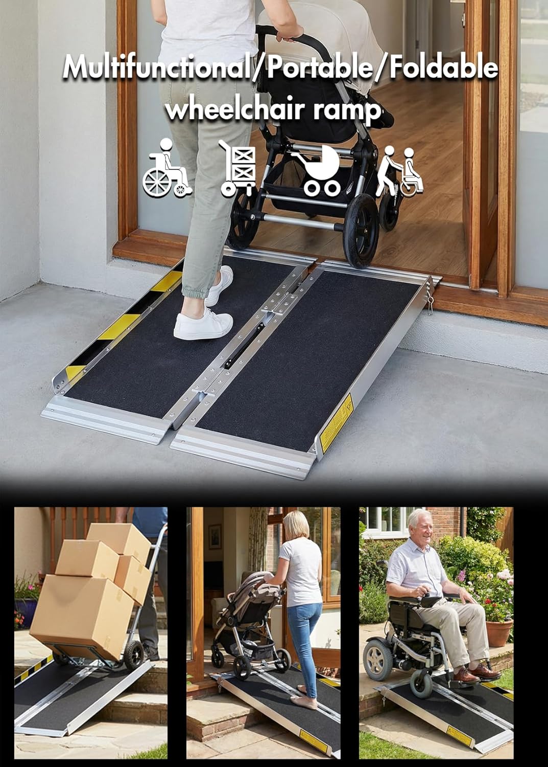 Skiennix Portable Wheelchair Ramp - 3FT Non-Slip Folding Aluminum Threshold Ramp | Supports Up to 800lbs