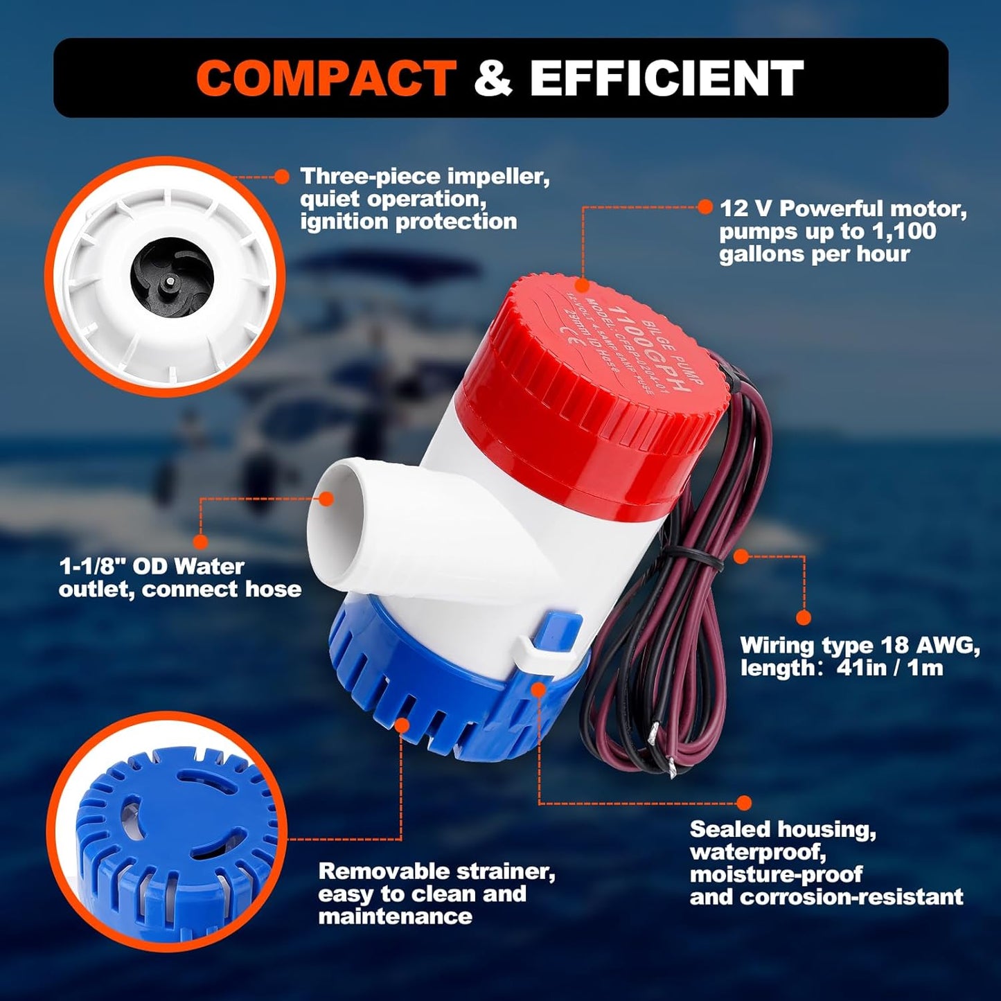 1100 GPH Boat Bilge Pump - 12V Plumbing Kit with 6FT Hose & Clamps | Ideal for Fishing Boats & Yachts