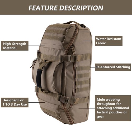 Hannibal Tactical 55L Duffle Bag - 3-in-1 Tactical Backpack MOLLE Pack for Gym & Outdoor | Coyote Color
