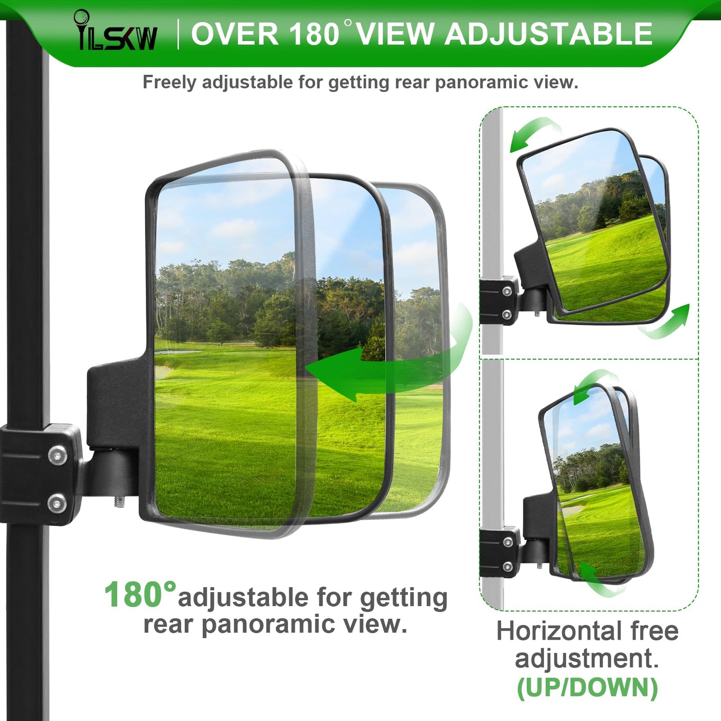 No Drilling Golf Cart Side Mirrors with Built-In Reflector, Universal Rear View Mirrors for 0.75"/1"/1.25" Square Strut Fits Ezgo,Club car,Yamaha Cart with 180 Degree Rotation HD Glass