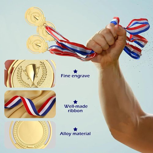 Gold Medal | 12-Piece Kids Reward Medals with Neck Ribbons - Olympic Style 2 Inch for Sports & Competitions
