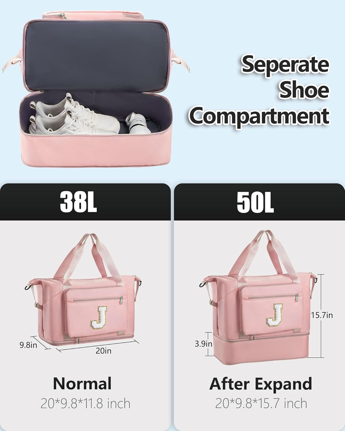 Skiennix Initial Duffle Bag - Trendy Travel & Gym Overnight Bag with Shoe Compartment | Pink J