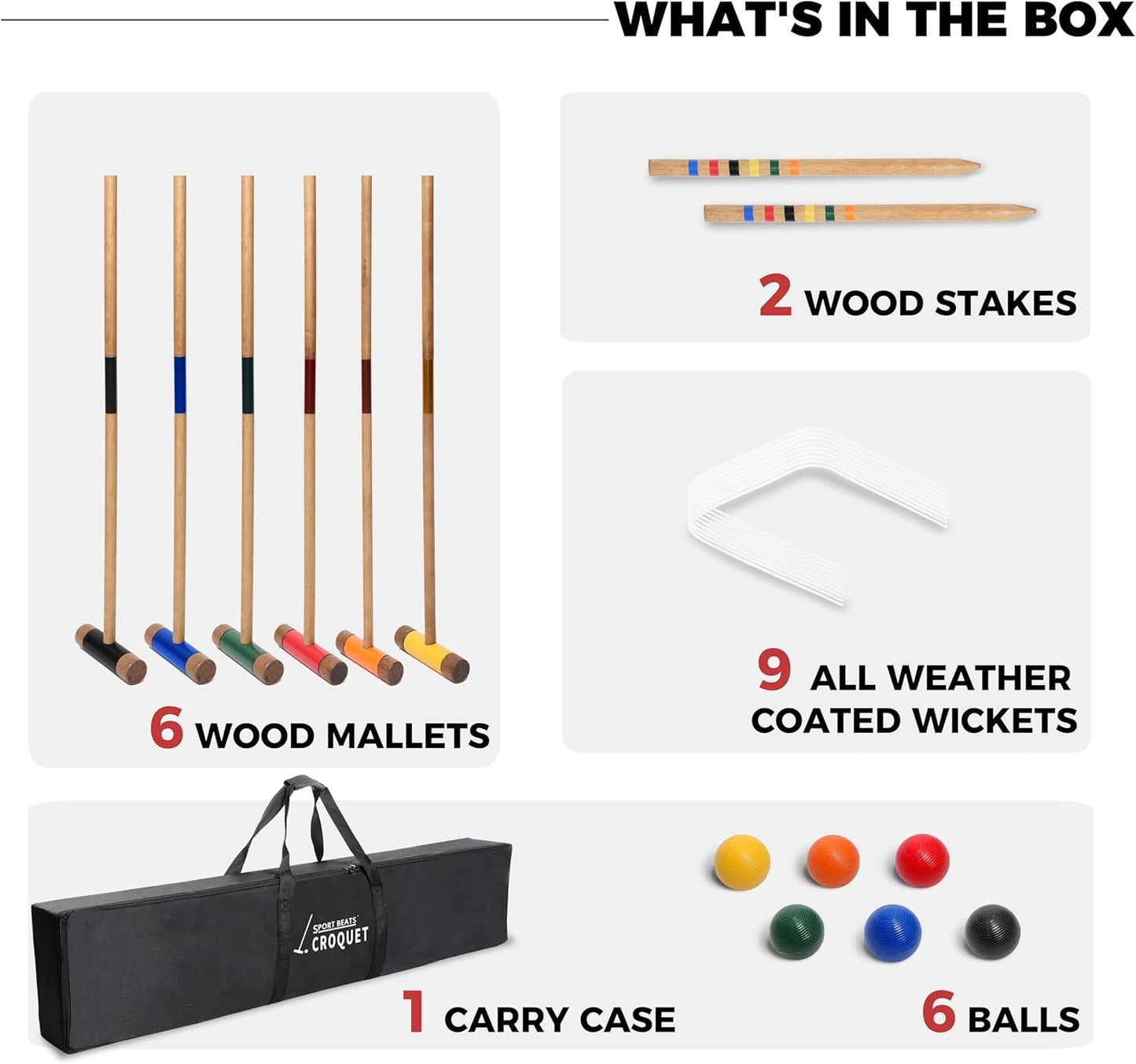 Sport Beats Croquet Set - Six Player Rubberwood Mallets, Carry Case, 6 Balls & 9 Wickets for Outdoor Fun