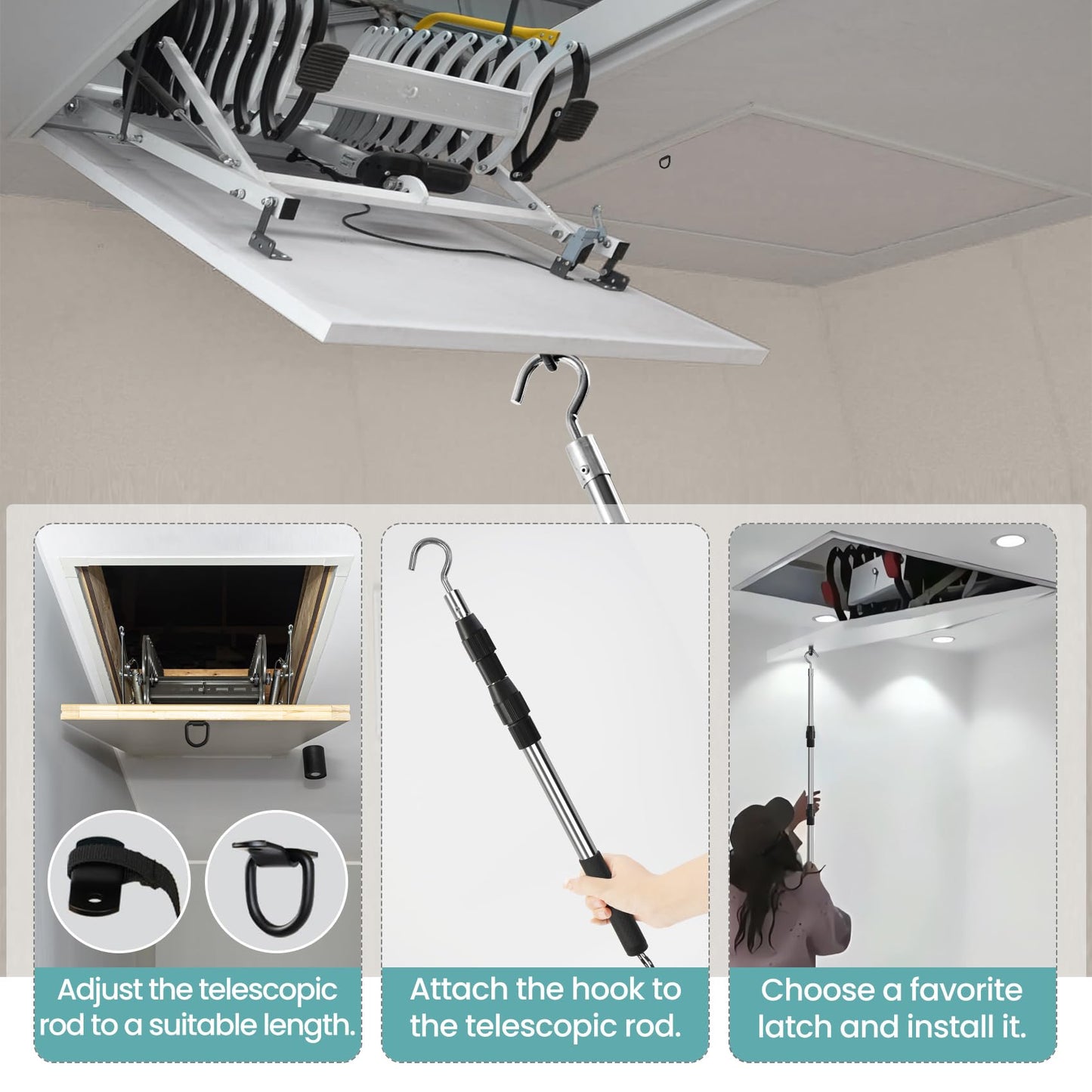 Attic Pull Down Hook, Extendable Attic Pull Rod, Attic Ladder Pull Down System Kit Contains One 40-Inch Telescopic Pole, 1 * D-Ring, 1 * O-Ring with Rope Around It