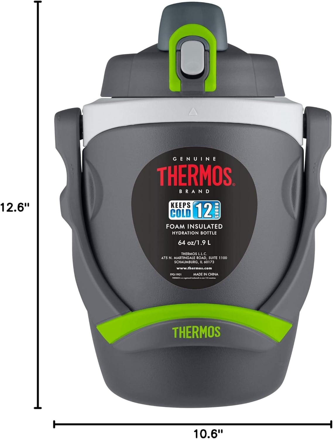 Thermos 64 Ounce Insulated Hydration Bottle - Durable Foam Design in Charcoal Color