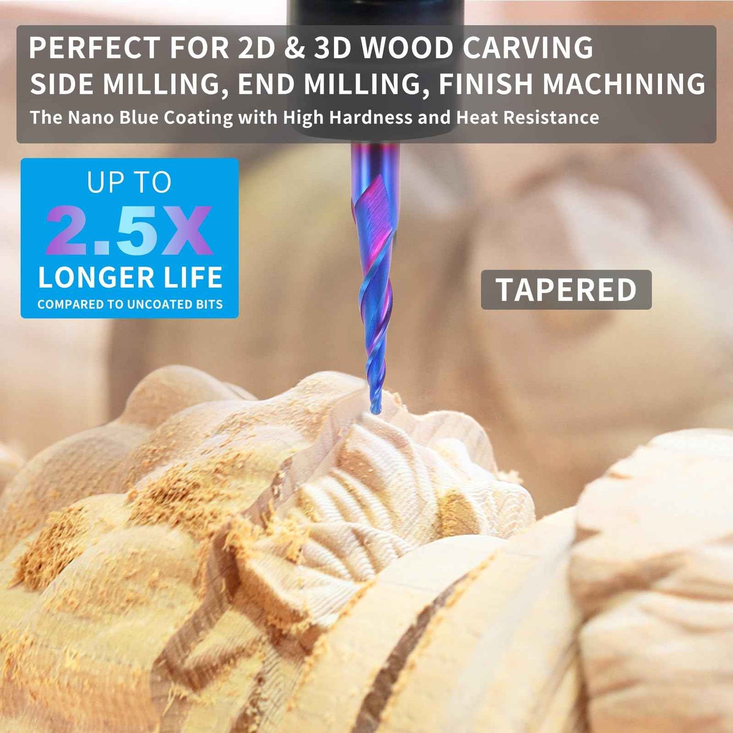 EANOSIC Tapered Ball Nose End Mills 1/4" Shank, 1/16" Tip Diameter (1/32" Radius), 5.4 Degree, Solid Carbide CNC Router Bits for 2D/3D Milling Engraving Carving