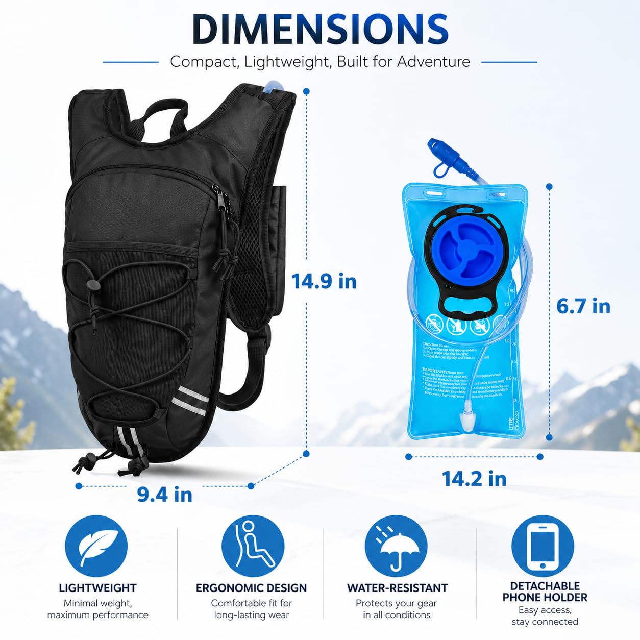 DEVONWIDE Lightweight Hydration Backpack 2L Water Bladder Pack - Black | Water Backpack for Running, Cycling, Hiking | Anti-Theft, Reflective, with Phone Holder & Trekking Pole Loops