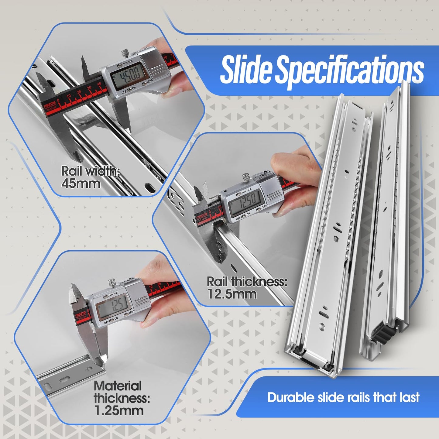 BAIDICE 10 Pair Full Extension Ball Bearing Drawer Slides 8 10 12 14 16 18 20 22 24 Inch 100 LB Load Capacity Side Mount File Cabinet Rails Dresser Metal Runner Trash Can Kitchen (22 inch, Sliver)