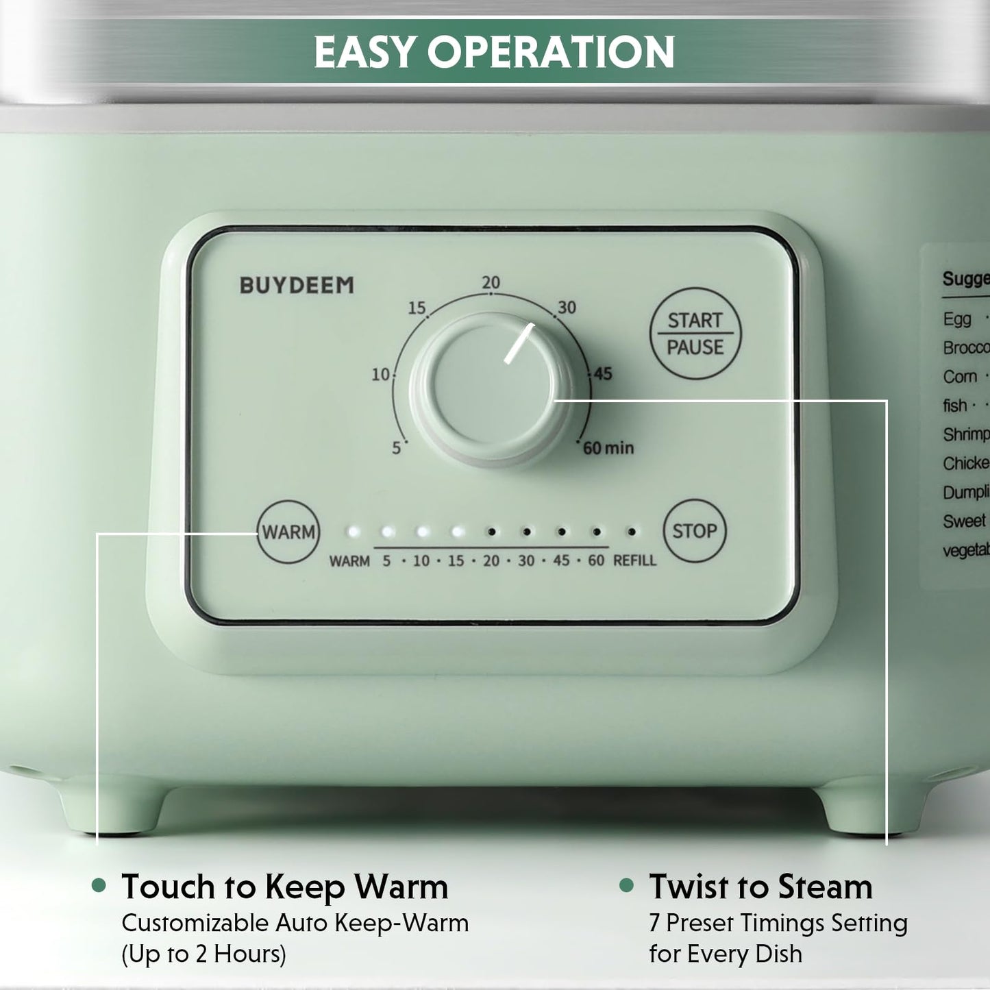 BUYDEEM G52 10.6 Quart 2-Tier Electric Food Steamer for 1-4 Servings, Vegetable Steamer for Cooking, 2-hour Keep Warm, 7 Preset Timings, Dual Boil-Dry Protection, Stainless Steel, Cozy Greenish
