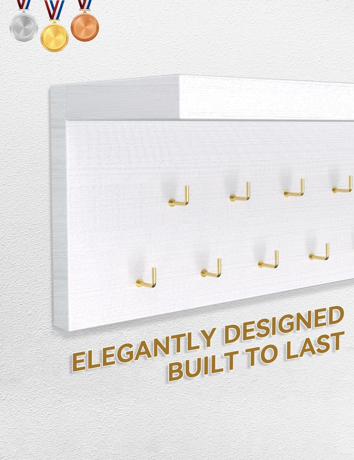 Wooden Medal Hanger Display - Sturdy Trophy Shelf with 19 Hooks for Gymnastics, Soccer, Running Awards