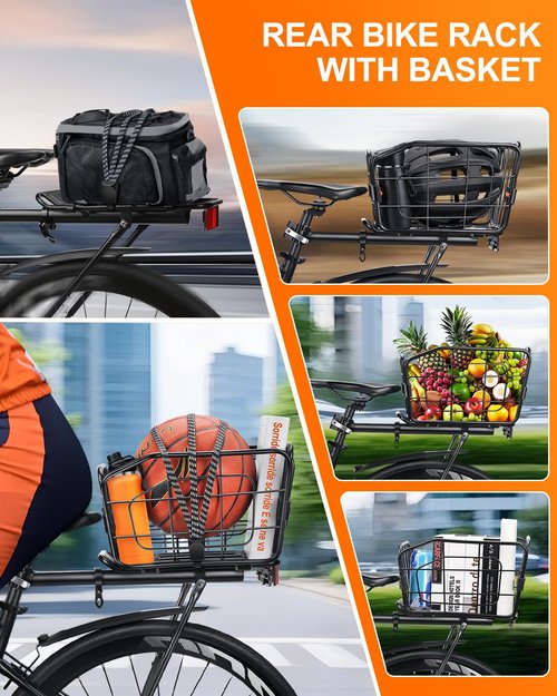 ONVIAN Rear Bike Rack with Basket, Aluminum Alloy Bike Cargo Rack, 22L Large Capacity Bicycle Basket, Foldable & Removable for Adult Bikes, Adjustable Touring Carrier Rack for Commuting and Shopping