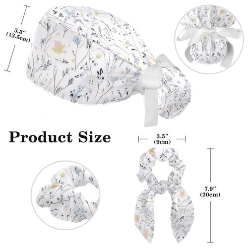 FVQL Scrub Caps Women, Adjustable Surgical Cap with Hair Scrunchy, Floral Flower Ponytail Holder Scrub Hat Blue White