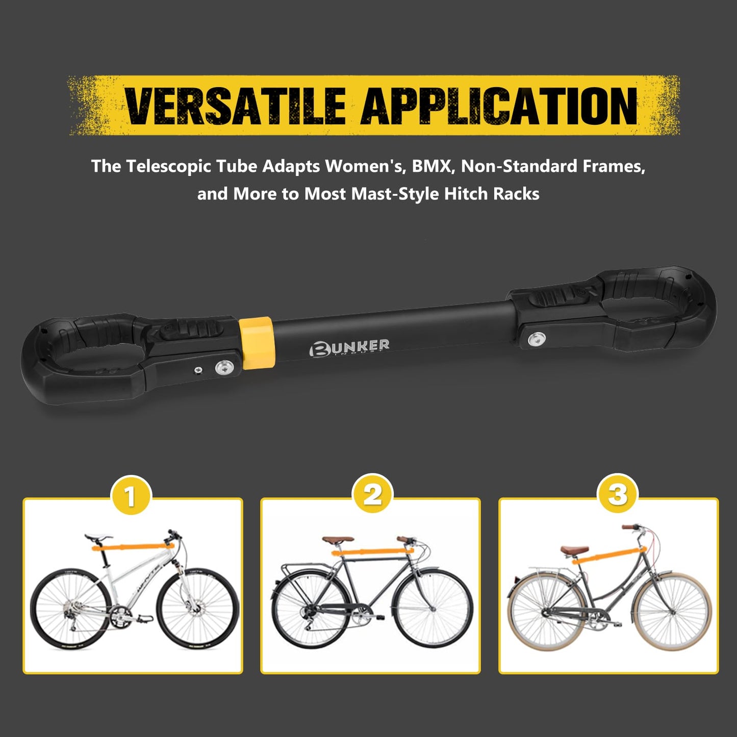 BUNKER INDUST 2 PCS Bike Bar Adapter for Bike Rack, Bicycle Bike Top Tube Crossbar Adapter- 70 LBS Wight Capacity, Adjustable Iron Steel Bike Frame with Rubber Hooks