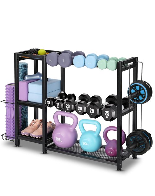 FHXZH 3-Tier Dumbbell Rack Stand Only - Adjustable Weight Rack for Home Gym, Heavy-Duty Weight Stand for Dumbbells Kettlebells Foam Roller Yoga Mats, Workout Equipment Storage Organizer With Hooks (Black)