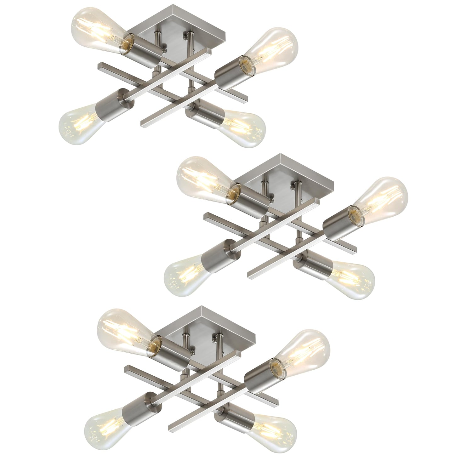 Eidonta Industrial 4-Light Semi Flush Mount Ceiling Light Fixture, 3 Pack Modern Brushed Nickel Chandelier Lighting, Farmhouse Sputnik Ceiling Lamp, E26 Base Pendant Lamps