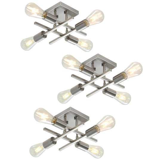 Eidonta Industrial 4-Light Semi Flush Mount Ceiling Light Fixture, 3 Pack Modern Brushed Nickel Chandelier Lighting, Farmhouse Sputnik Ceiling Lamp, E26 Base Pendant Lamps