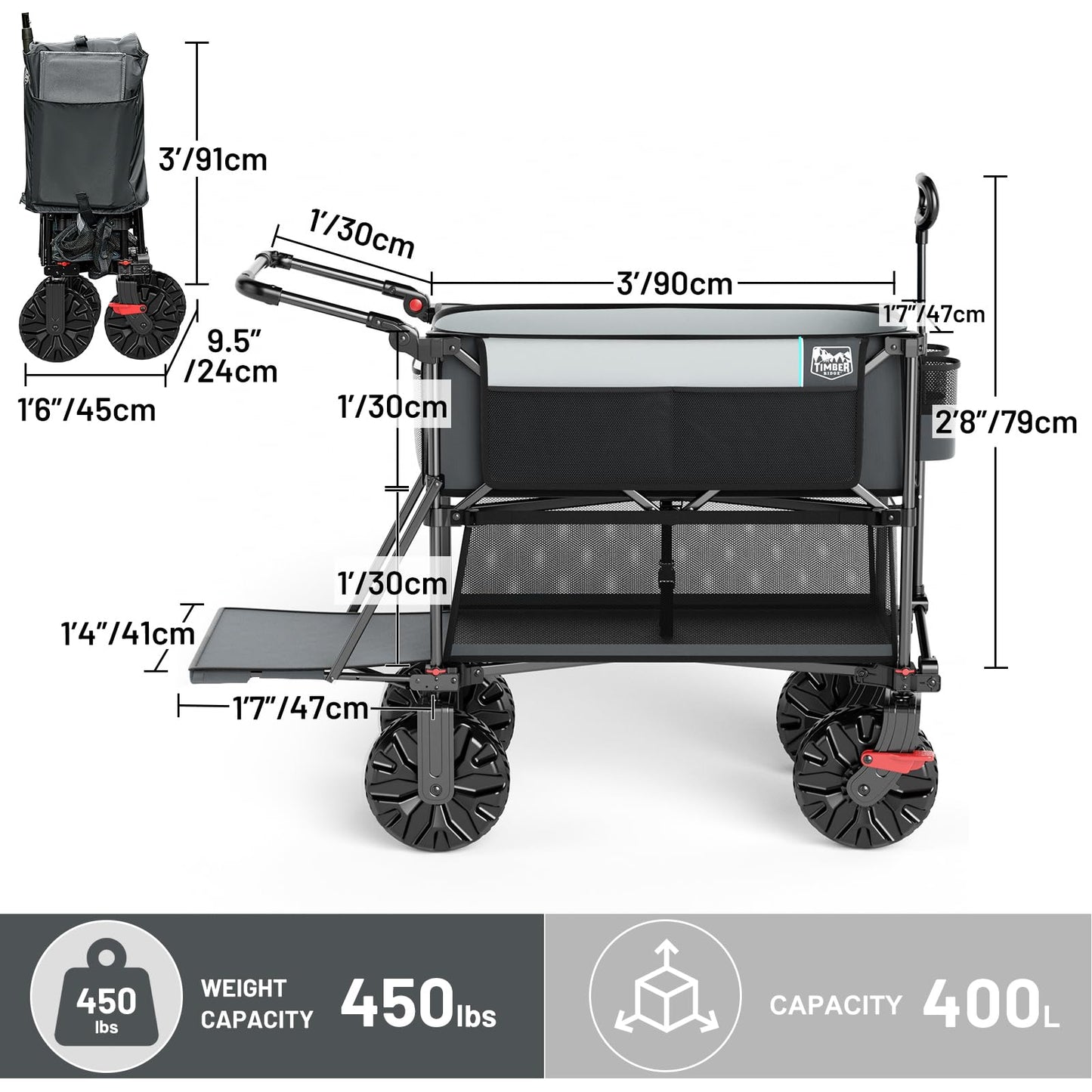 TIMBER RIDGE Push & Pull Double Decker Wagon, 400L Capacity & 450lb Load