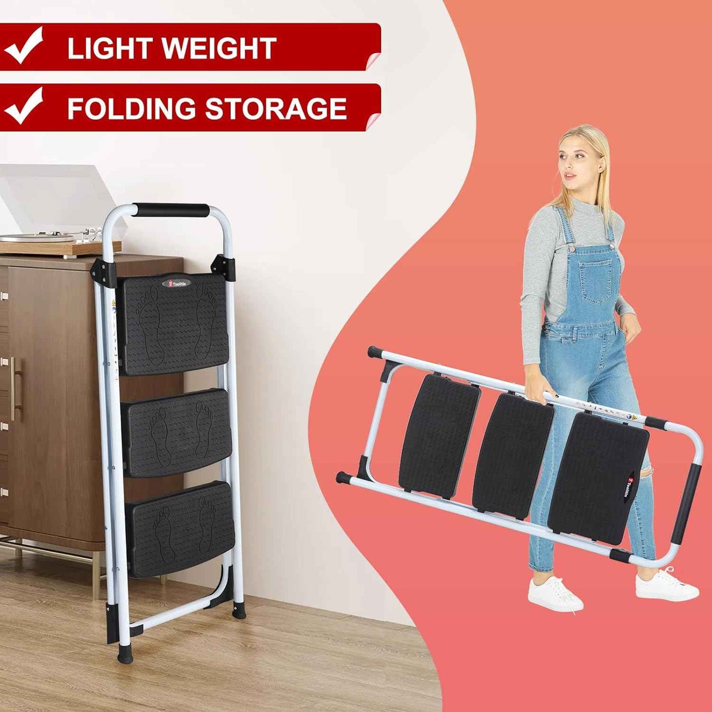 Portable 3-Step Folding Ladder - Sturdy Steel Step Stool with Anti-Slip Pedal & Handgrip, 500lbs Capacity for Home & Office