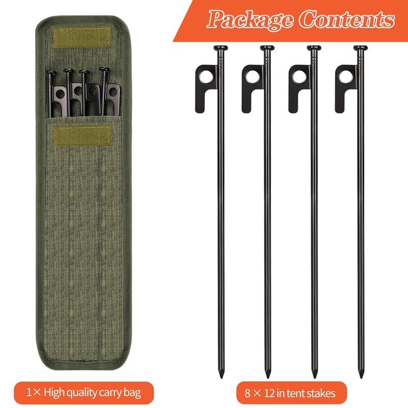 8 Pack Tent Stakes, 12in Heavy Duty Stakes with Storage Bag, Forged Steel Tent Pegs for Camping