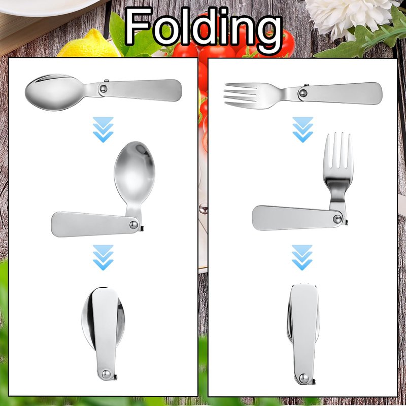 4pcs Metal Folding Spoons & 4pcs Foldable Forks for Thermos Funtainer 10oz Food Jar, Portable Stainless Steel Spoon Fork Set Replacements for Travel Camping Dinner Picnic & Outdoor Activities