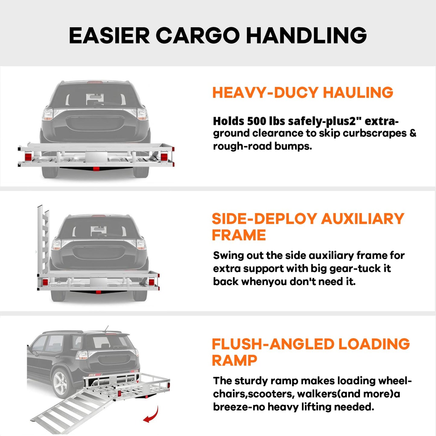VigorTool Aluminum Hitch Cargo Carrier with 41.5" Folding Ramp, 50" x 29.5" x 8.7" Basket, 500 lb Capacity, Wheelchair & Mobility Scooter Carrier, Anti-Rattle Stabilizer, Steel Support Frame, Fits 2"