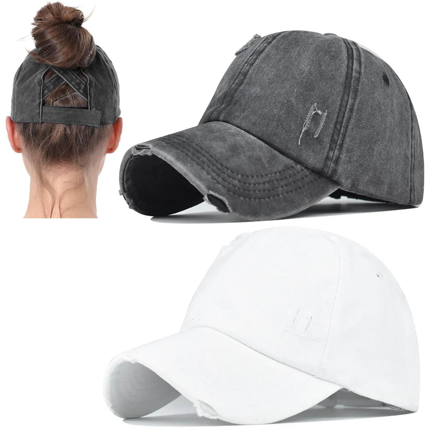2 Packs Womens Ponytail Criss Cross Hat Baseball Cap Distressed Ponytail Hat High Messy Bun Trucker Ponycap