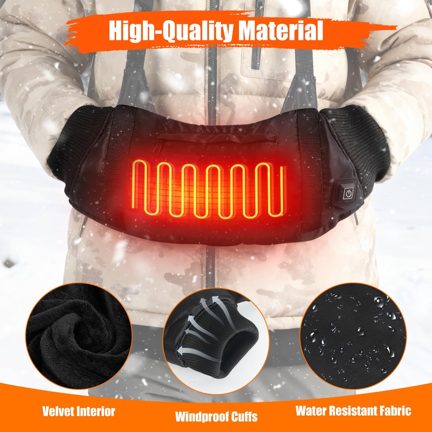 Heated Hand Warmers Pouch Electric Heated Hand Muff with 3-Level Heat Setting, Adjustable Strap, 2 Pocket, and USB Plug Hand Warmer Pouch for Hunting, Football, Golf, Fishing, Camping(No Power Bank)